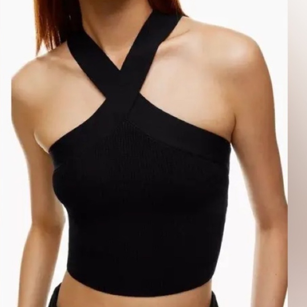 Aritizia Babaton Black Sculpt Knit Criss Cross Cropped Tank Top